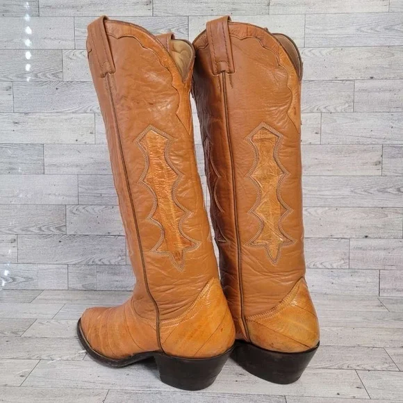 Vintage Nocona Western Brown Exotic Eel Leather Inlay Cowboy Boots Women's 6 C - Picture 4 of 11